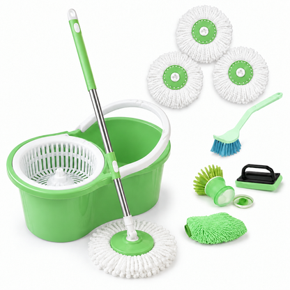 Premium 8-Piece Spin Mop Bucket Set | 3 Refill Heads + 4 Cleaning Accessories