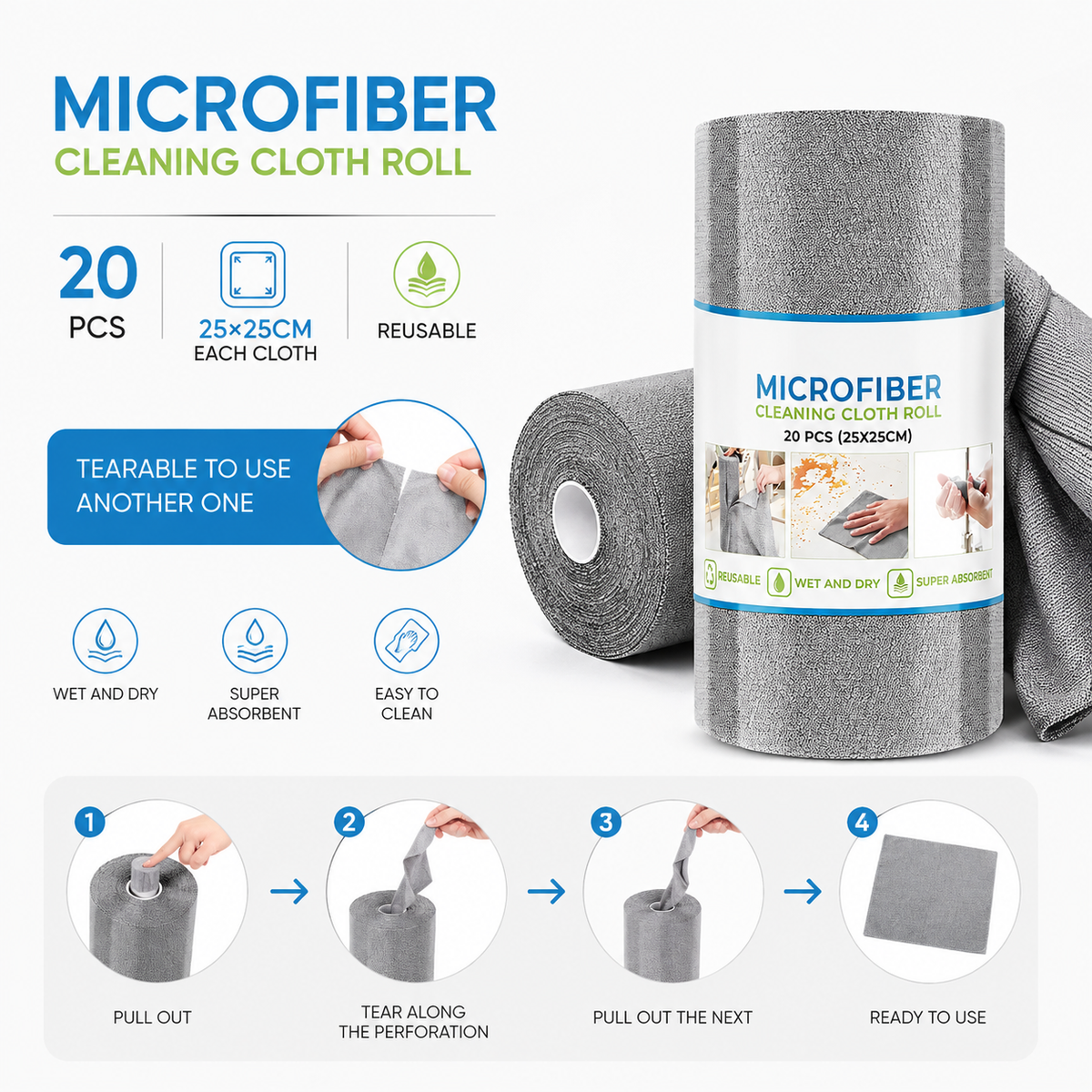 Reusable Microfiber Cleaning Cloth Roll – 20 Tearable Sheets (25x25 cm), Super Absorbent & Washable
