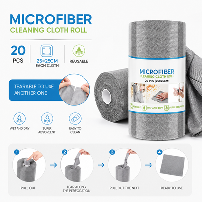 Reusable Microfiber Cleaning Cloth Roll – 20 Tearable Sheets (25x25 cm), Super Absorbent & Washable
