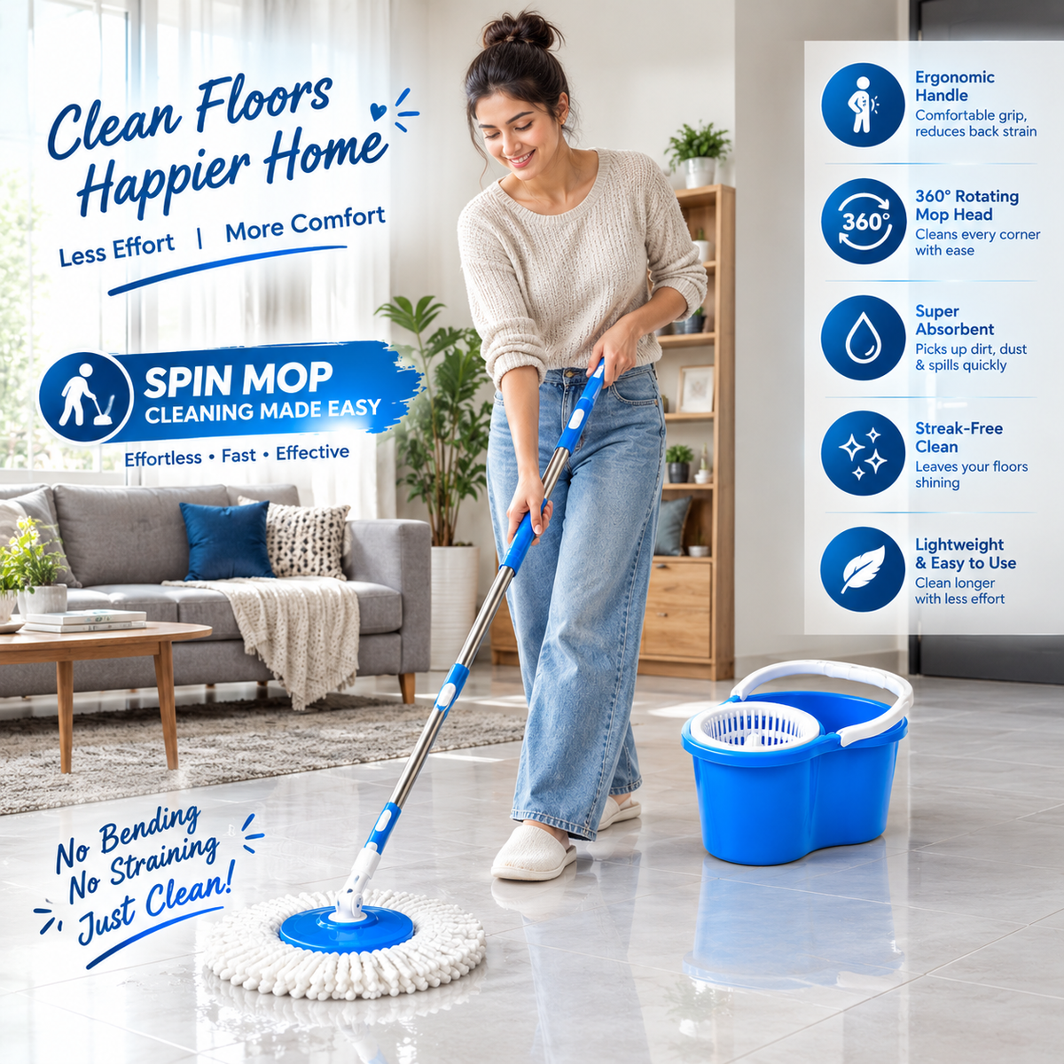 Premium 8-Piece Spin Mop Bucket Set | 3 Refill Heads + 4 Cleaning Accessories
