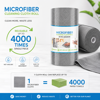 Reusable Microfiber Cleaning Cloth Roll – 20 Tearable Sheets (25x25 cm), Super Absorbent & Washable