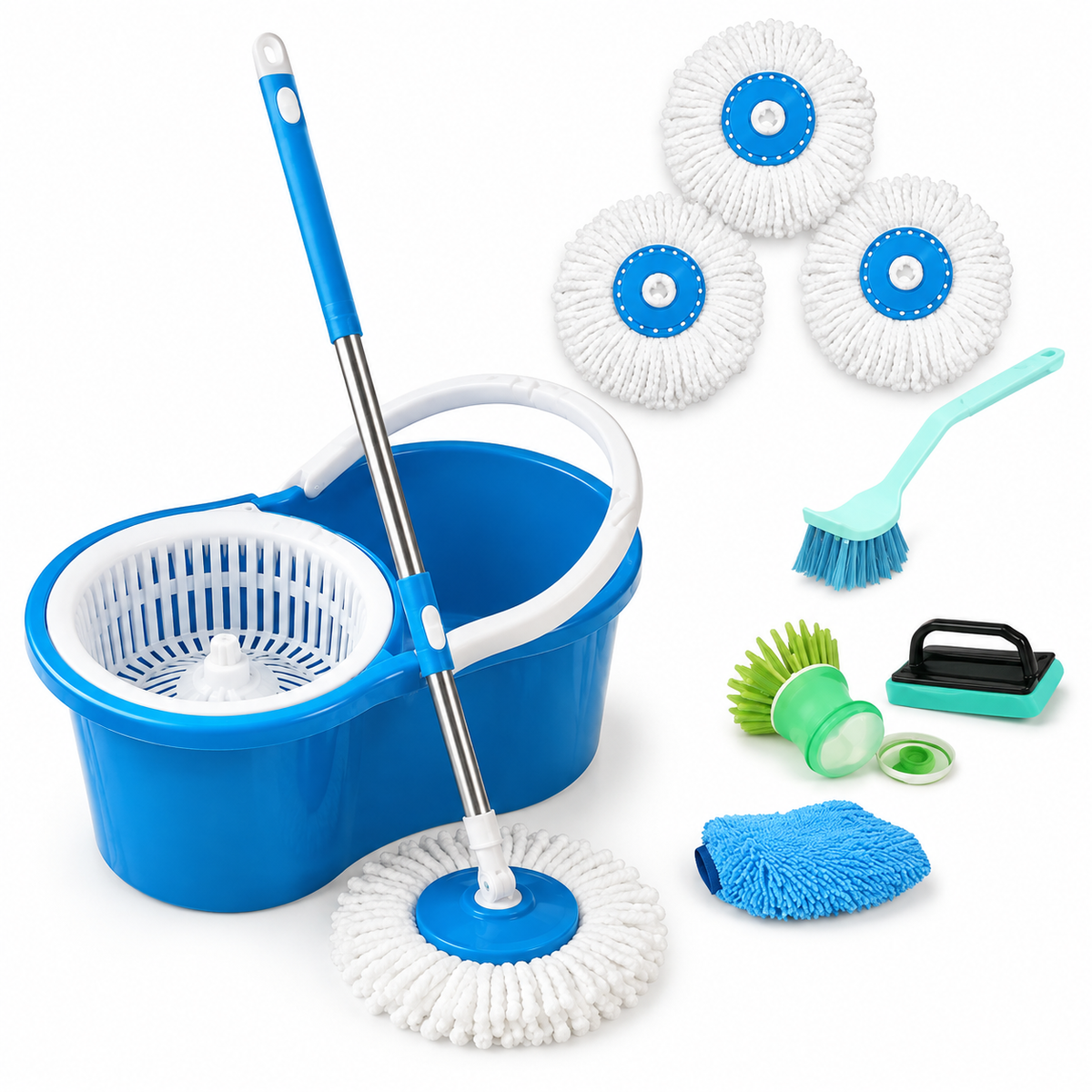 Premium 8-Piece Spin Mop Bucket Set | 3 Refill Heads + 4 Cleaning Accessories