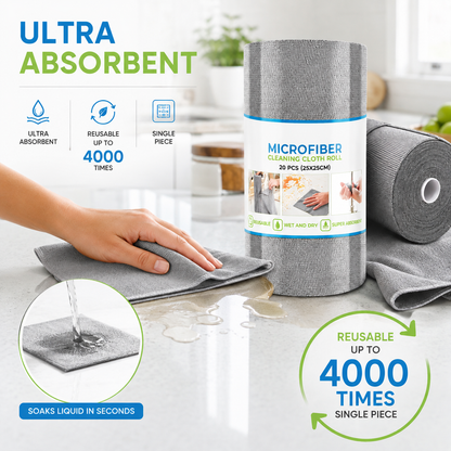 Reusable Microfiber Cleaning Cloth Roll – 20 Tearable Sheets (25x25 cm), Super Absorbent & Washable