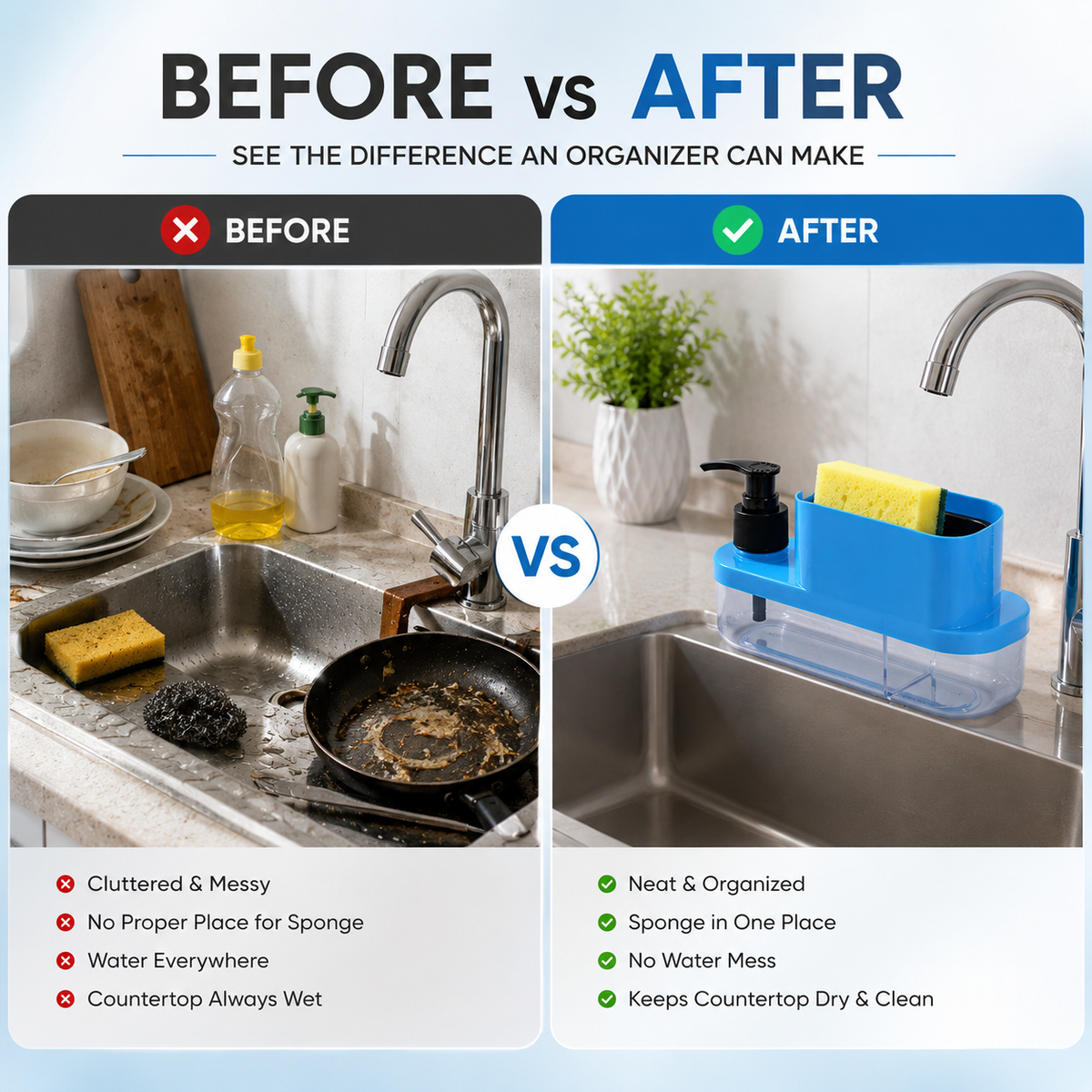 3-in-1 Soap Dispenser with Sponge Holder | Multipurpose Kitchen Sink Caddy & Dishwashing Organizer