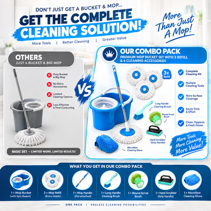 Premium 8-Piece Spin Mop Bucket Set | 3 Refill Heads + 4 Cleaning Accessories