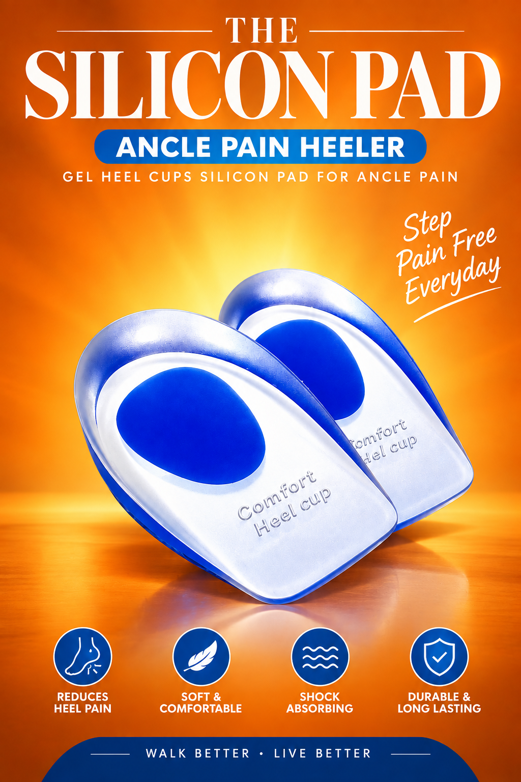 Silicone Gel Heel Cups – Shock Absorbing Heel Support & Pain Relief Pads – 1 Pair