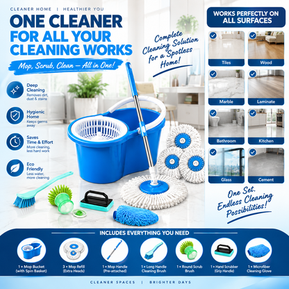 Premium 8-Piece Spin Mop Bucket Set | 3 Refill Heads + 4 Cleaning Accessories