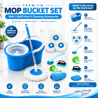 Premium 8-Piece Spin Mop Bucket Set | 3 Refill Heads + 4 Cleaning Accessories