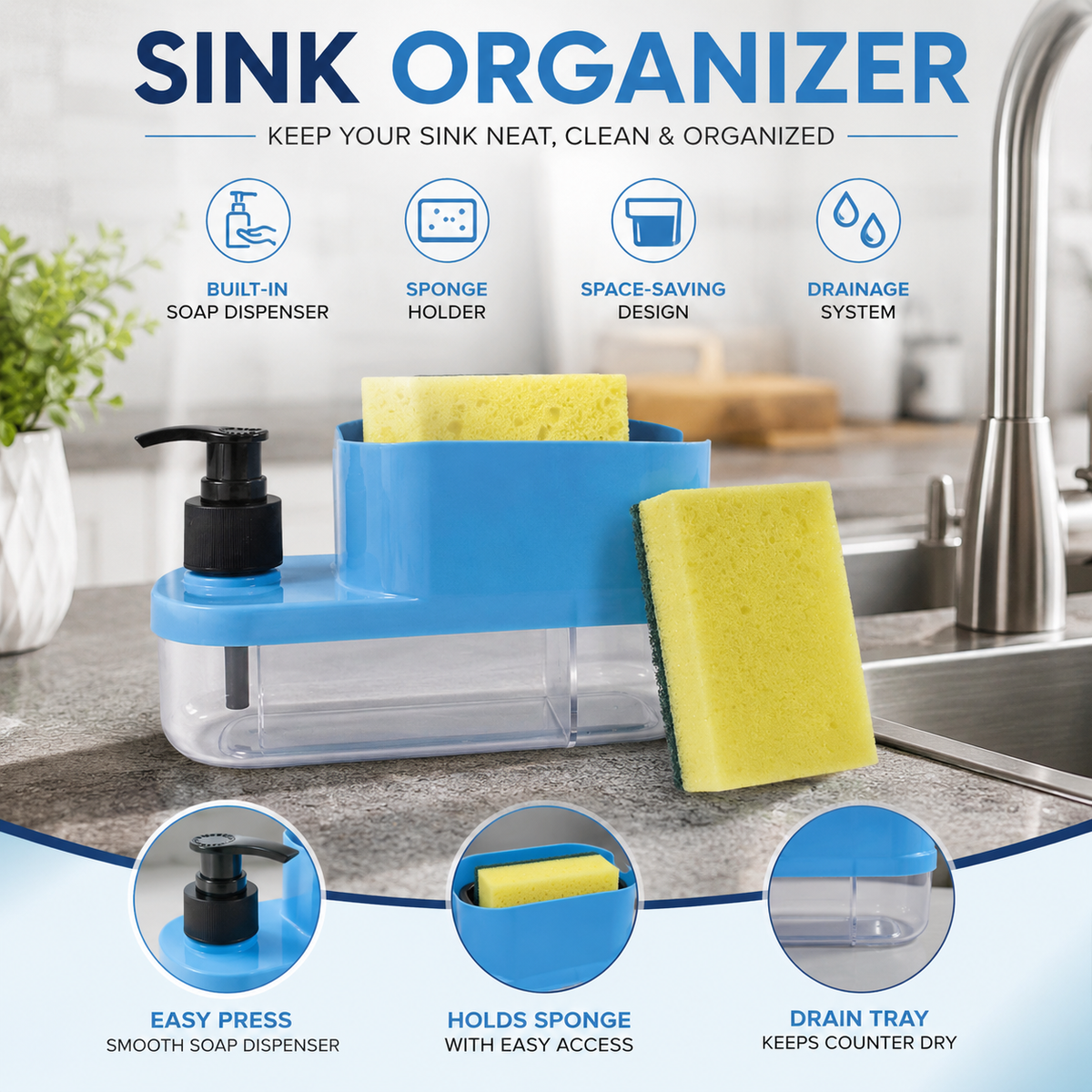 3-in-1 Soap Dispenser with Sponge Holder | Multipurpose Kitchen Sink Caddy & Dishwashing Organizer