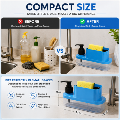 3-in-1 Soap Dispenser with Sponge Holder | Multipurpose Kitchen Sink Caddy & Dishwashing Organizer