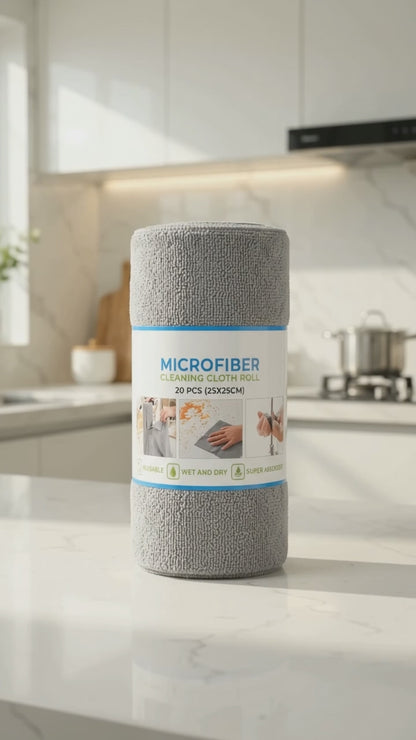 Reusable Microfiber Cleaning Cloth Roll – 20 Tearable Sheets (25x25 cm), Super Absorbent & Washable